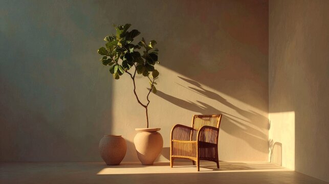 Fiddle leaf fig tree in earthenware pot with chair and sunlight