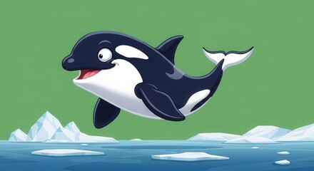 Obraz premium Cartoon Killer Whale Jumping Out of Ocean Water Against Green Background