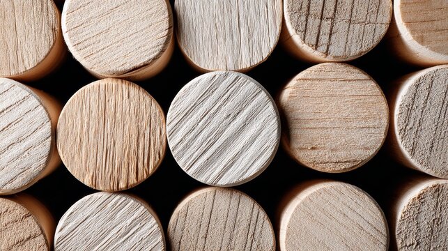 Close up of precisely cut wooden dowels arranged in a pattern