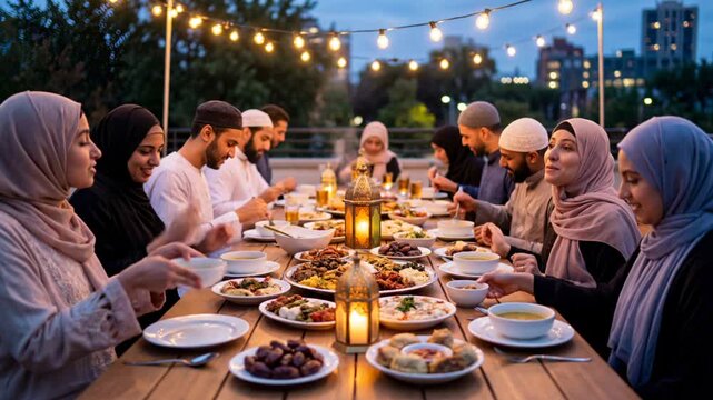 Large Muslim family enjoying Ramadan iftar meal together outdoors at night