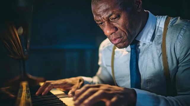 Focused pianist performing expressive jazz improvisation on grand piano under dramatic stage lighting creating intimate live music atmosphere with rich harmony and soulful energy