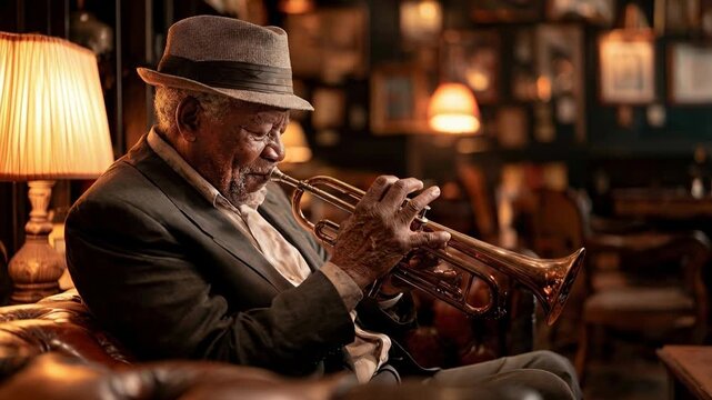 Older trumpet musician relaxing in elegant jazz bar lounge while playing warm melodic improvisation under vintage lighting and creating intimate atmosphere for late night listeners