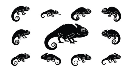 Stylized black silhouettes of chameleons in various poses and sizes © MdNirob