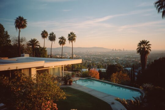 Experience a stunning view of the Los Angeles city skyline, complete with a beautiful house featuring a pool and swaying palm trees, bathed in the warm glow of sunset