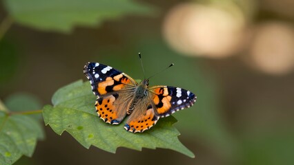 Obraz premium Vibrant Painted Lady Butterfly Resting on a Green Leaf in a Natural Outdoor Setting