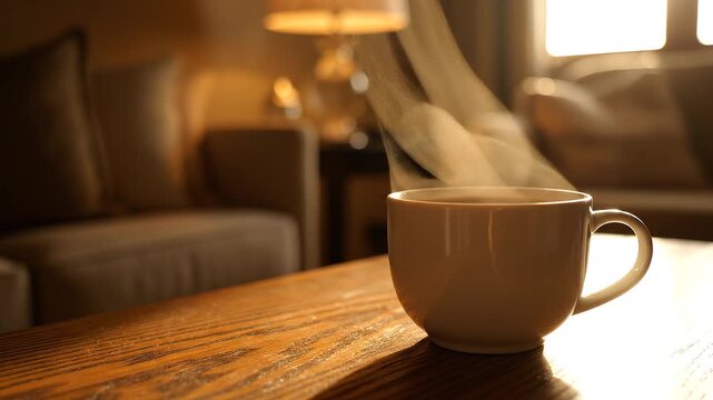 A Steaming Cup of Beverage: A serene still life features a warm cup of coffee on a wooden table, its steam rising gently against the backdrop of a cozy living space.A steaming porcelain cup of dark es