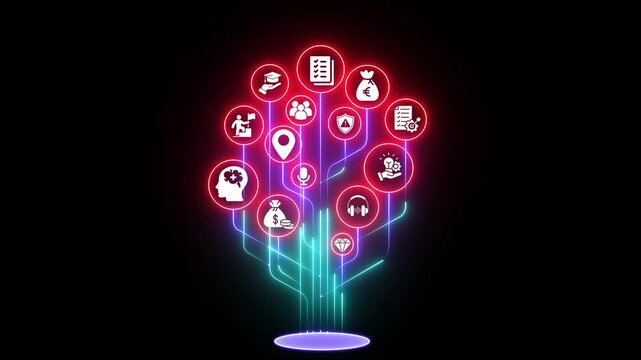 Neon Infographic Tree with Business and Education on Black Background tree of knowledge business education symbols