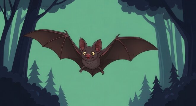Illustration of a Bat Flying through a Mysterious Forest Scene