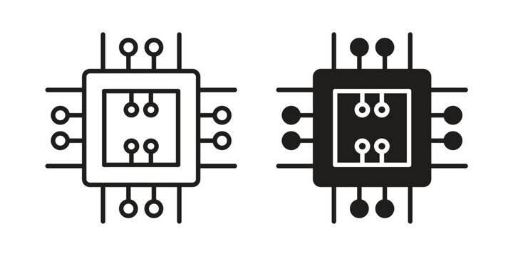 Computer microchip icon element for graphic designs. line and flat symbols