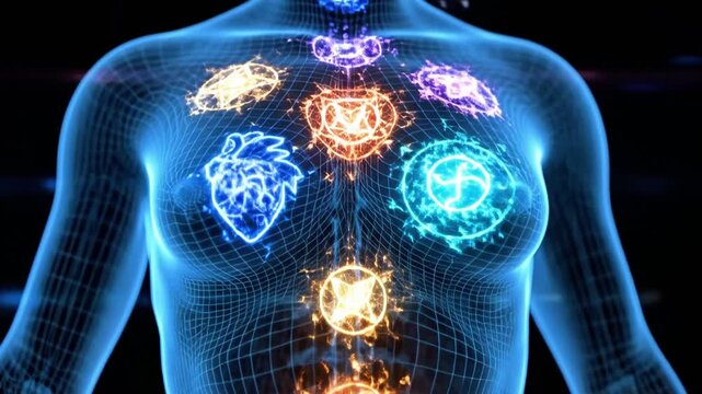 A humanoid figure with a glowing, wireframe body and vibrant orange lights along its torso
