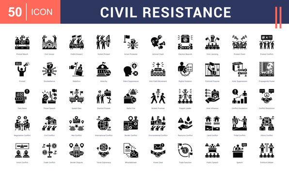 Civil Resistance Icon Set. protest march, civil unrest, public dissent, violent protest, arrest protester and more. Glyph vector icons collection.