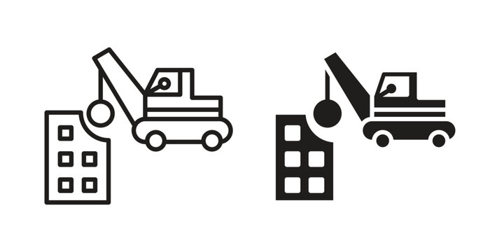 Demolition icon element for graphic designs. line and flat symbols