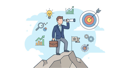 Naklejka premium Businessperson in a suit standing on a mountain peak with a telescope, surrounded by graphs and icons representing growth, strategy, and innovation