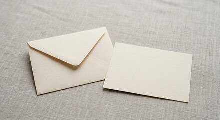 Fototapeta premium Envelope with envelope and blank card on linen background for clean workspace and stationery concept