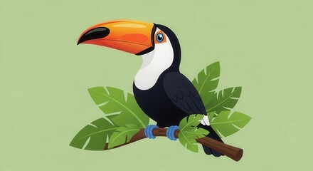 Obraz premium Colorful Tropical toucan perched on leafy branch in vibrant jungle scene