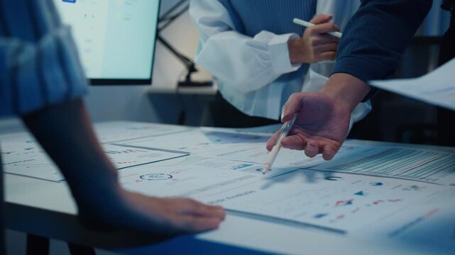Close up Asia businesspeople meeting plan analysis statistics brainstorm and work with paperwork around table in office conference room at night. Business finance partners strategy investment success.