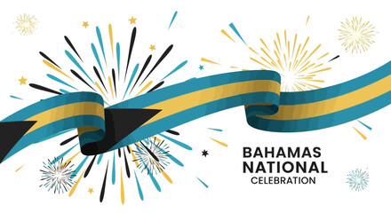 Obraz premium Bahamas National Celebration Banner with Flag and Fireworks