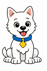 Fototapeta premium Bright white spitz style puppy with pointed ears, blue collar, and gold tag. Clean pet character illustration for children media, rescue content, branding, and sticker design.