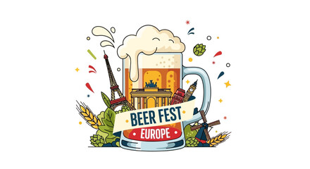 Beer Fest Europe Illustration: Iconic Landmarks and Festive Elements © Muhamad