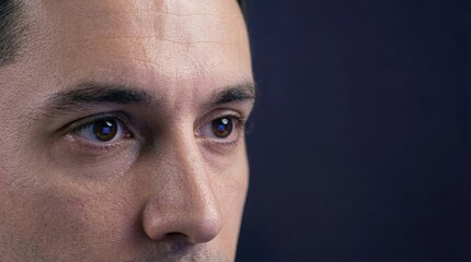 Fototapeta premium Always On Anxiety concept. Close-up portrait of a man's eyes and face with intense, contemplative expression