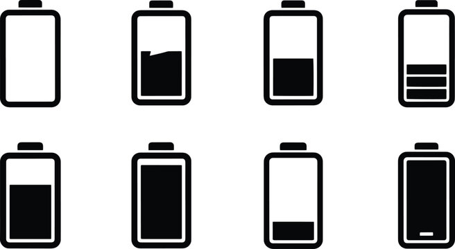 A set of vector battery icons in line art silhouette style for digital and mobile applications