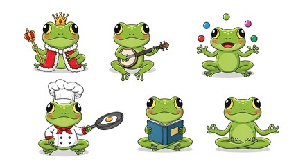 Fototapeta premium Six green frogs dressed as different characters