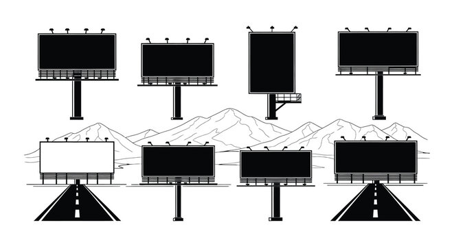 Black and white illustration of multiple billboards against a mountain range