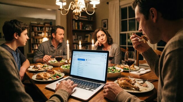 Always On Anxiety concept. Family dinner interrupted by laptop at the dining table