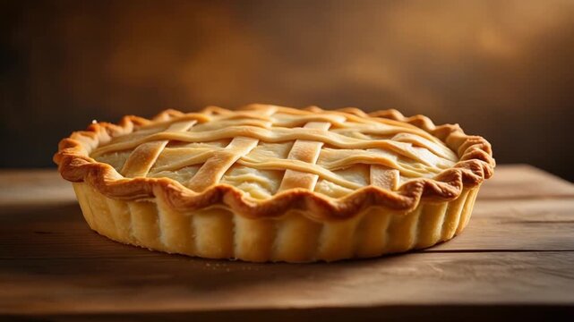 Homemade apple pie with a golden crust on a wooden table ready to eat