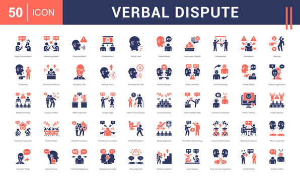 Verbal Dispute Icon Set. angry conversation, heated argument, shouting match, disagreement, yelling face and more. Glyph Dual Tone vector icons collection.