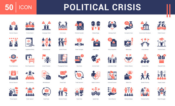 Political Crisis Icon Set. election dispute, protest march, campaign clash, civil unrest, political scandal and more. Glyph Dual Tone vector icons collection.