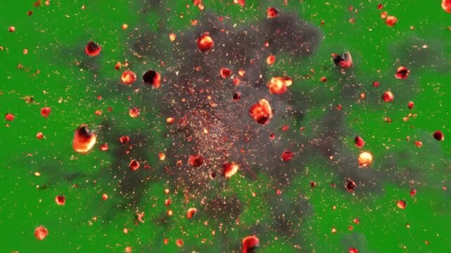 Aerial view of a vibrant green field with numerous red and orange spherical objects scattered across it, some with dark shadows, against a solid green background.