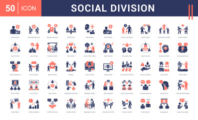 Social Division Icon Set. identity clash, mixed marriage issue, religious rejection, faith division, faith bullying and more. Glyph Dual Tone vector icons collection.