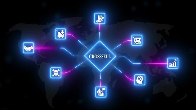 Crosssell Business Strategy Global Marketing on Map Background neon signs