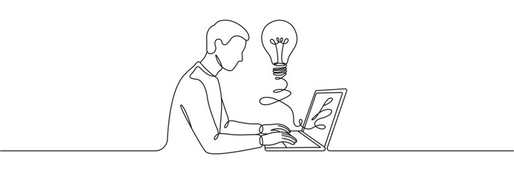 Continuous one line drawing of man working on laptop with lightbulb idea symbol. Editable stroke outline. Draw thin linear width. Single contour art. Doodle hand drawn vector illustration © SomDraw