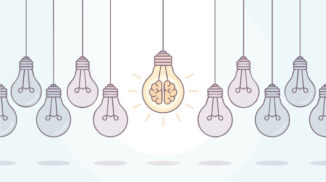 Creative illustration of lightbulbs representing ideas and innovation with a central glowing bulb featuring a brain symbol for innovation and creativity