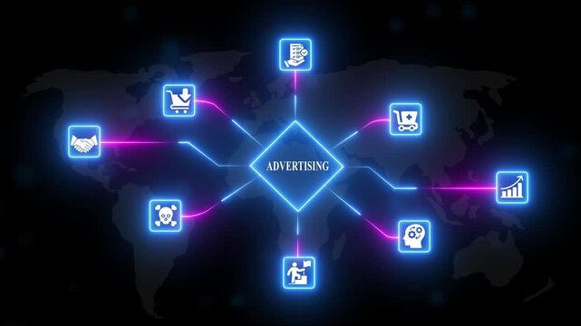 Advertising Concept with Neon and Map Background marketing neon map global business
