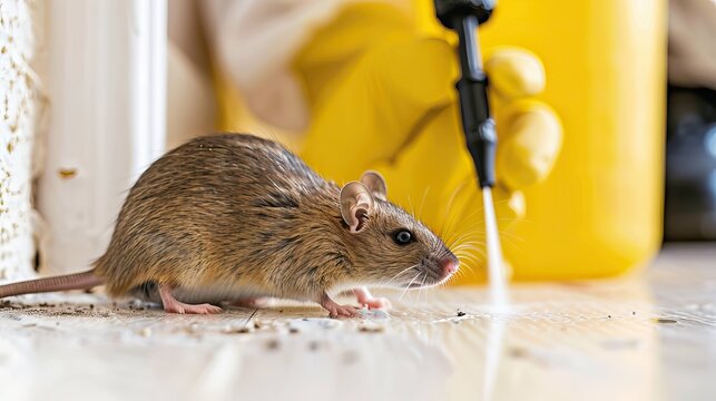 Rat on floor during pest control spraying treatment