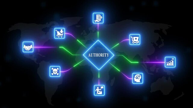 Authority Concept with Neon and Map Background for Business and Finance Presentations neon map global