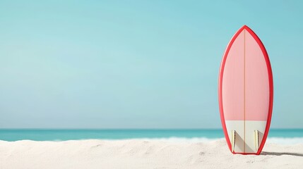 A retro-style surfboard leaning against a sandy backdrop, vintage summer vibe, copy space available,