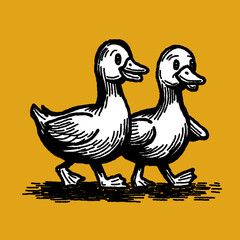 Fototapeta premium Vintage woodcut style illustration of two white ducks walking, digital hand-drawn sketch with acrylic pencil on ochre background