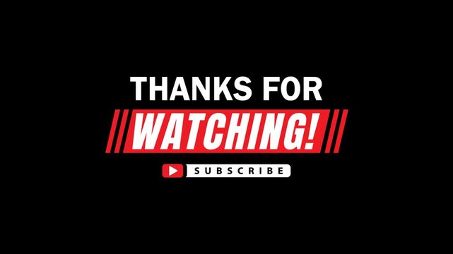 Thanks for watching text animation video isolated on black background for closing credits text. Thank you for watching animated youtube outro like comment share subscribe call to action text animation