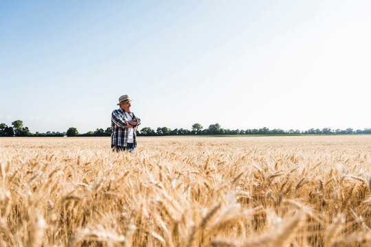 Happy senior farmer standing in wheat field