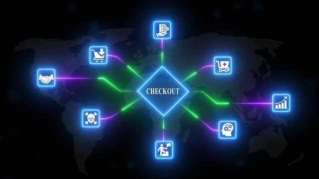Checkout process neon on map ecommerce payment symbols neon map shopping cart