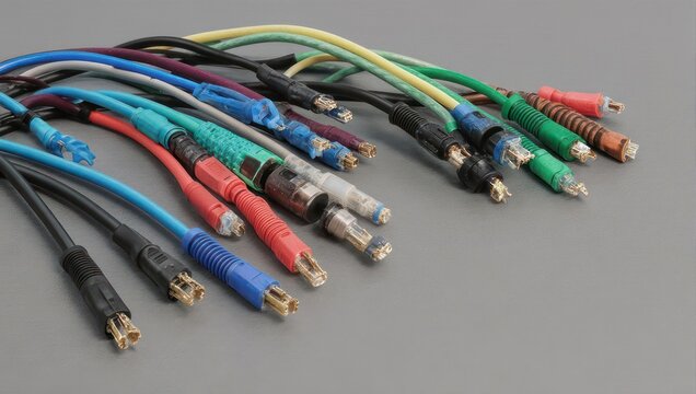 Assortment of colorful audio and video cables on a gray surface.