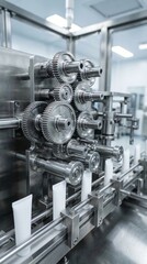 Fototapeta premium Automated manufacturing line with rotating gears and white cosmetic tubes on a conveyor