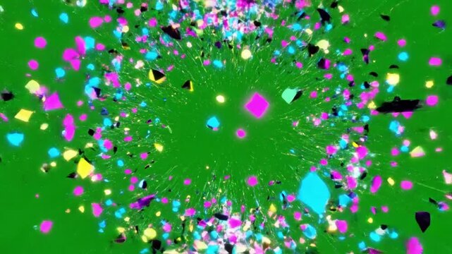 Vibrant confetti scattered across a bright green background with a mix of pink, blue, yellow, and black pieces in a celebratory composition.