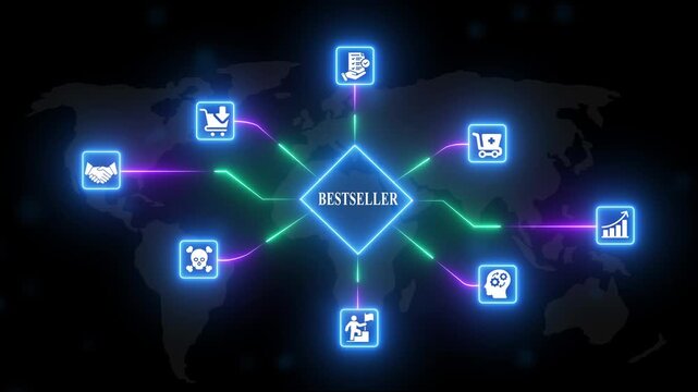 Bestseller concept with glowing and map background representing global success and e-commerce growth