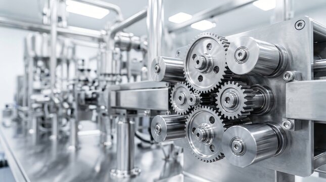Close up view of a stainless steel machine with interlocking gears and pipes in a clean industrial environment