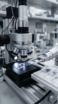 High precision laboratory microscope examining stained biological slides under bright illumination